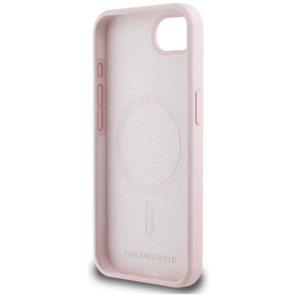 Karl Lagerfeld dėklas skirtas Apple iPhone 16e (SE 4 2025) suderinamas su MagSafe KLHMPSE4SKCHTCP (Silicone Double Heads) rožinės spalvos