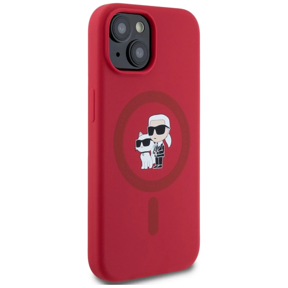 Karl Lagerfeld silikoninis Karl&Choupette Heads Ring MagSafe iPhone 15 dėklas - Raudona