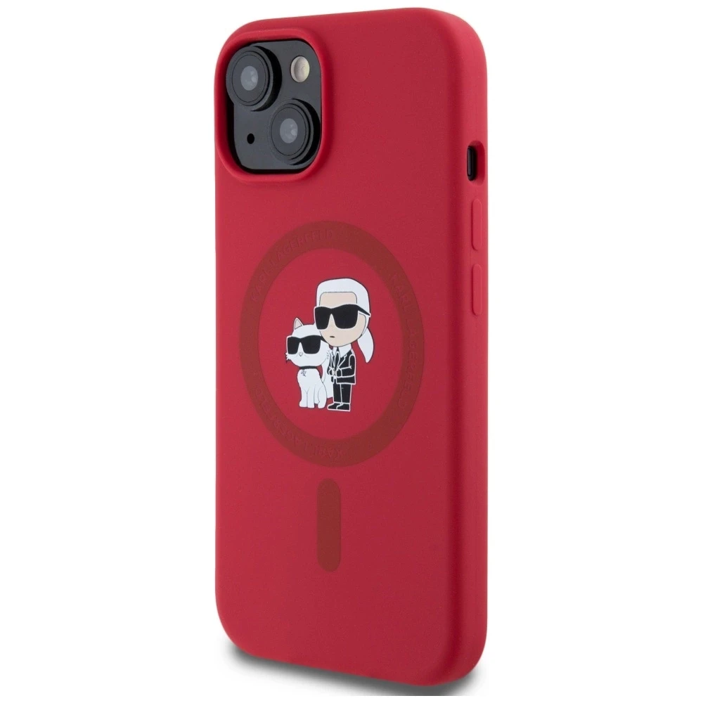 Karl Lagerfeld silikoninis Karl&Choupette Heads Ring MagSafe iPhone 15 dėklas - Raudona