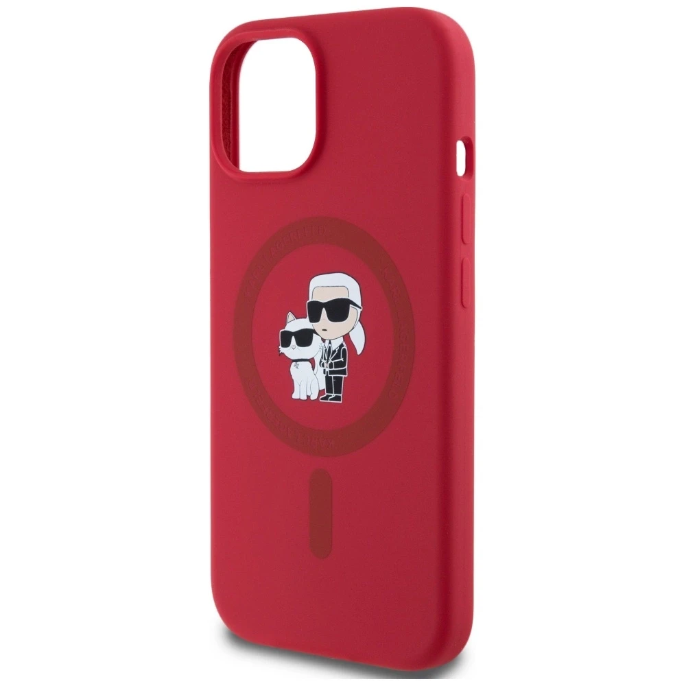Karl Lagerfeld silikoninis Karl&Choupette Heads Ring MagSafe iPhone 15 dėklas - Raudona