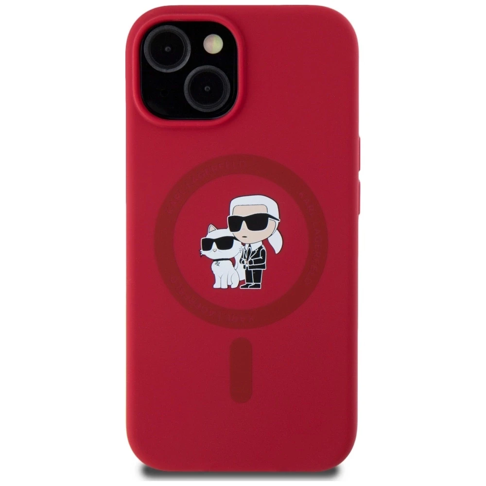 Karl Lagerfeld silikoninis Karl&Choupette Heads Ring MagSafe iPhone 15 dėklas - Raudona