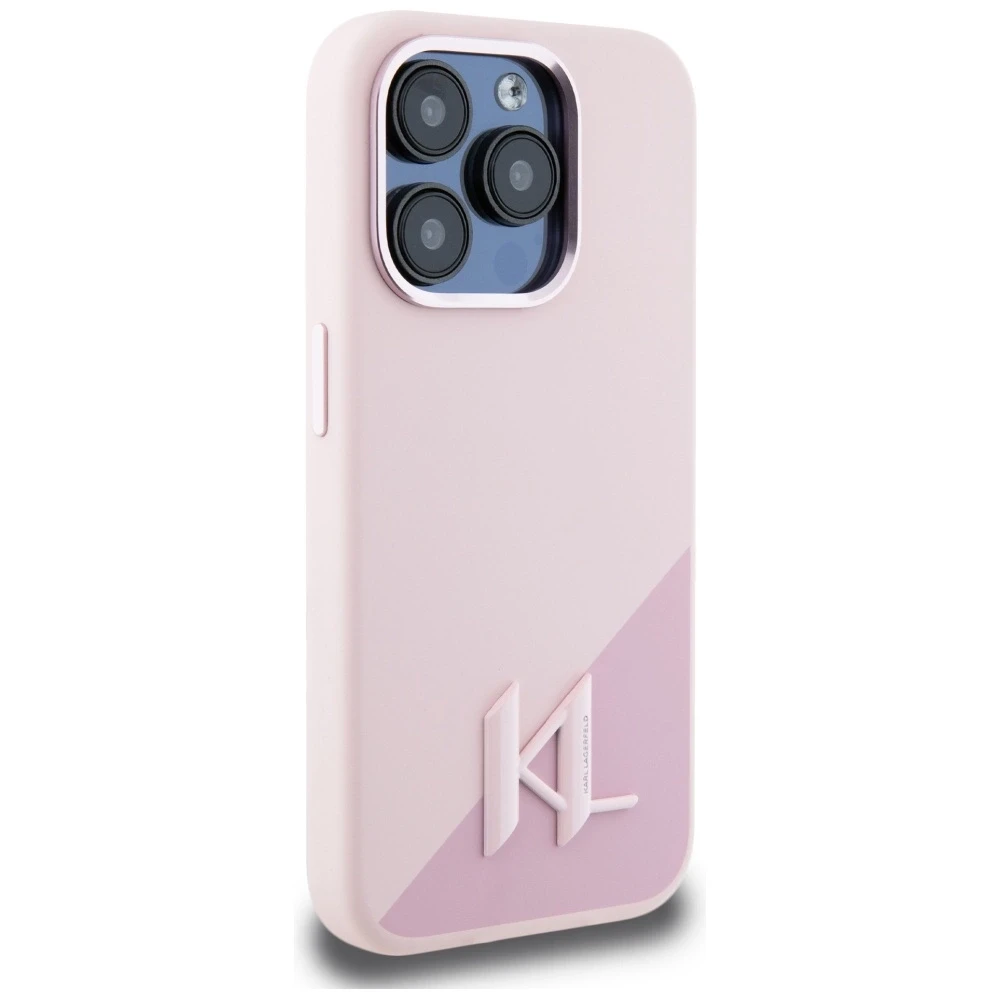 Dėklas Karl Lagerfeld Silicone Shadow Metal Initial MagSafe Apple iPhone 15 Pro rožinės spalvos