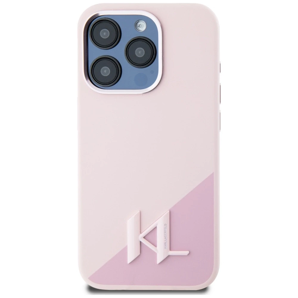 Dėklas Karl Lagerfeld Silicone Shadow Metal Initial MagSafe Apple iPhone 15 Pro rožinės spalvos