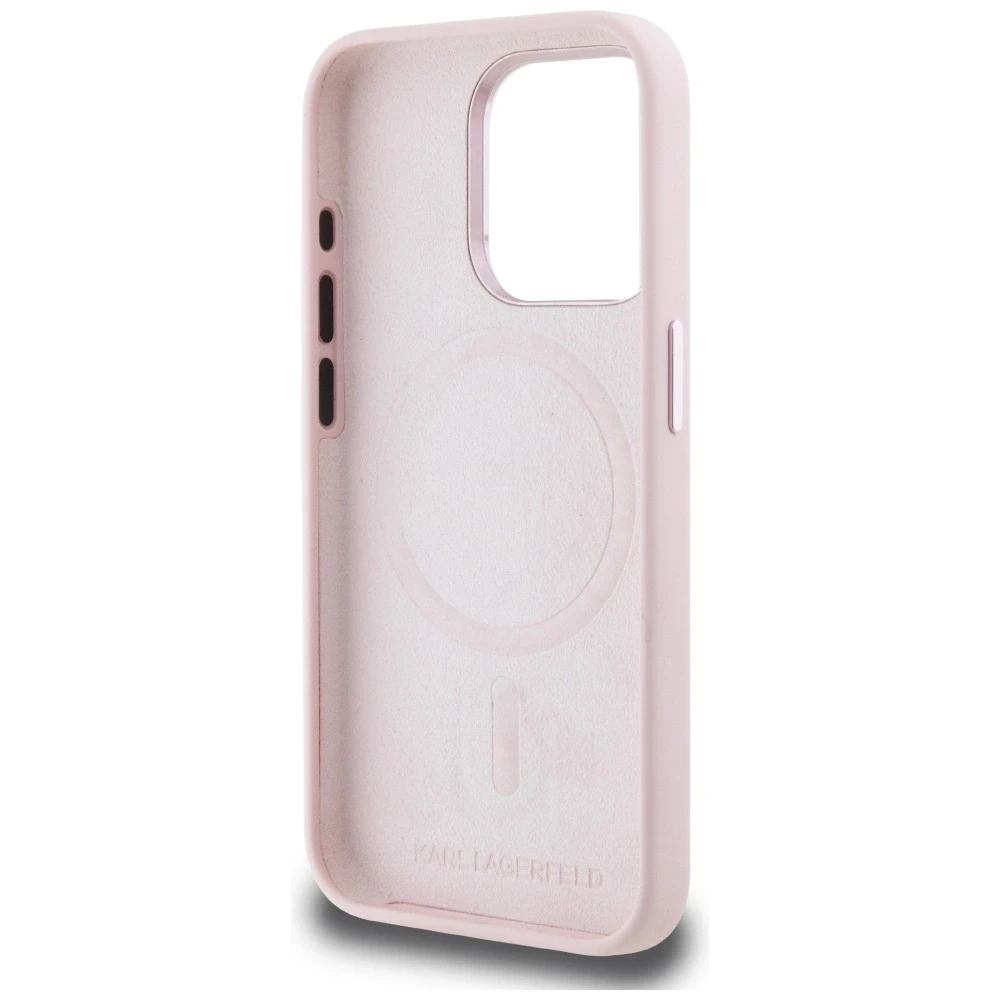 Dėklas Karl Lagerfeld Silicone Shadow Metal Initial MagSafe Apple iPhone 15 Pro rožinės spalvos