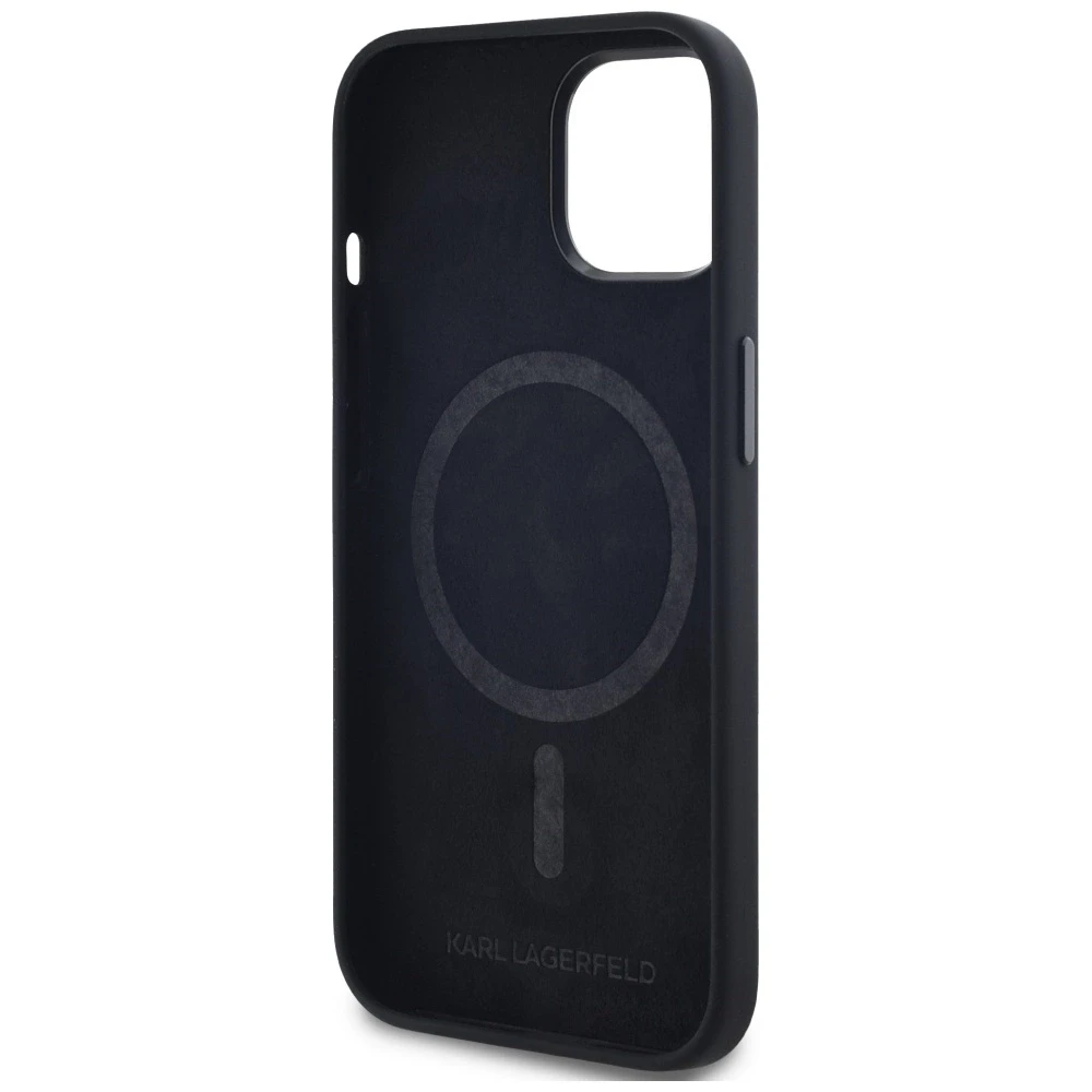 Dėklas Karl Lagerfeld Silicone Shadow Metal Initial MagSafe Apple iPhone 15 juodos spalvos