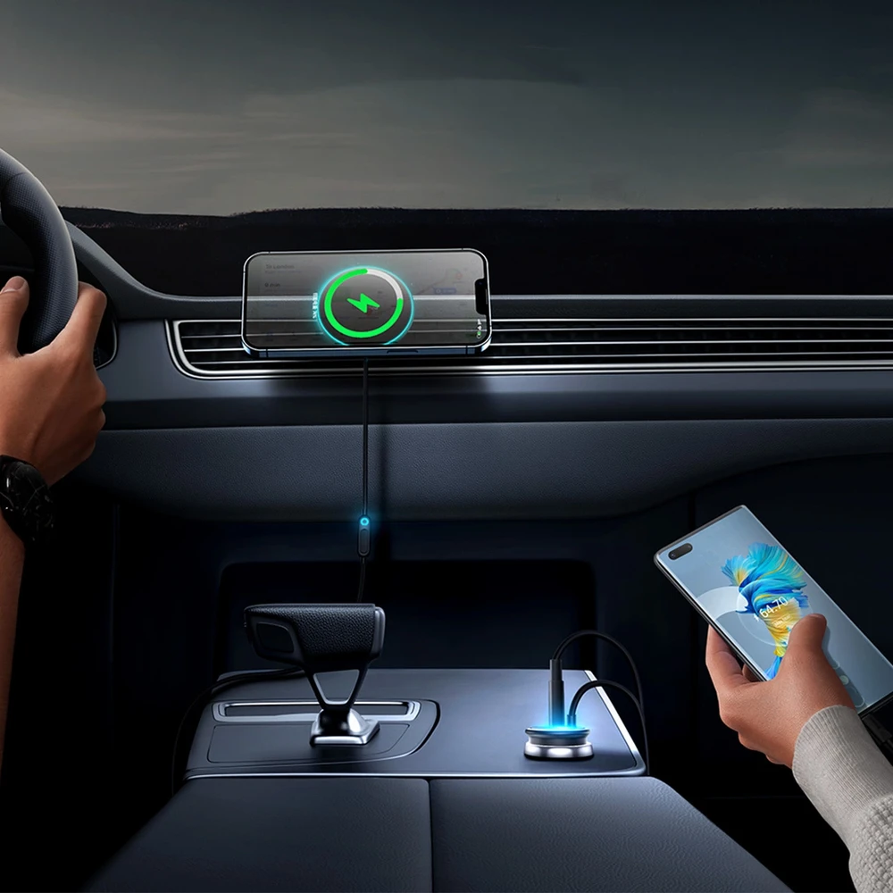 Magnetinis automobilinio telefono laikiklis Baseus CW01 prie ventiliacijos tinklelio su automobiliniu įkrovikliu USB-C, 15W + 25W (juodas)