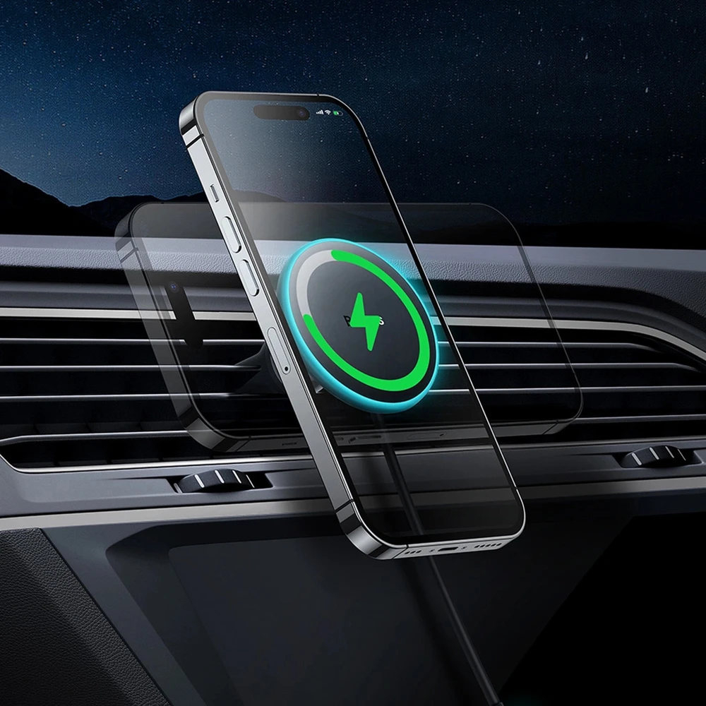 Magnetinis automobilinio telefono laikiklis Baseus CW01 prie ventiliacijos tinklelio su automobiliniu įkrovikliu USB-C, 15W + 25W (juodas)