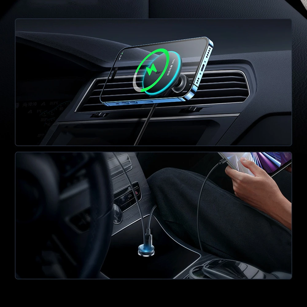 Magnetinis automobilinio telefono laikiklis Baseus CW01 prie ventiliacijos tinklelio su automobiliniu įkrovikliu USB-C, 15W + 25W (juodas)
