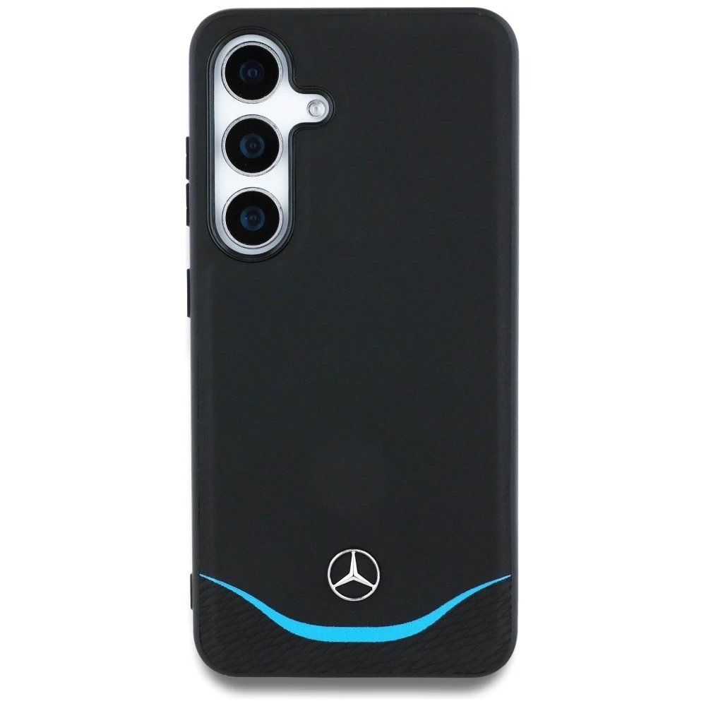 Mercedes Leather Contrasted mėlynos spalvos Horizontal Curve MagSafe dėklas Samsung Galaxy S25 juodos spalvos