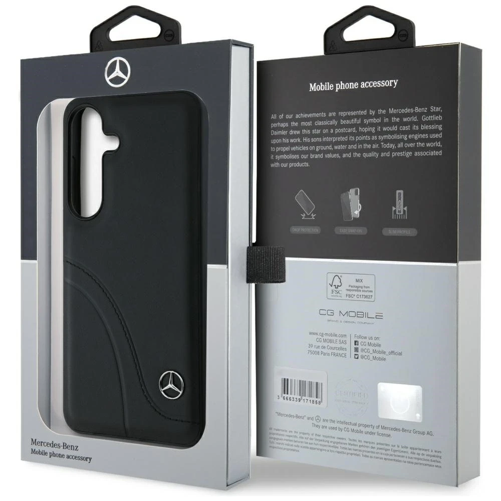 Mercedes Leather Curved Stitches Dėklas Samsung Galaxy S25 juodos spalvos