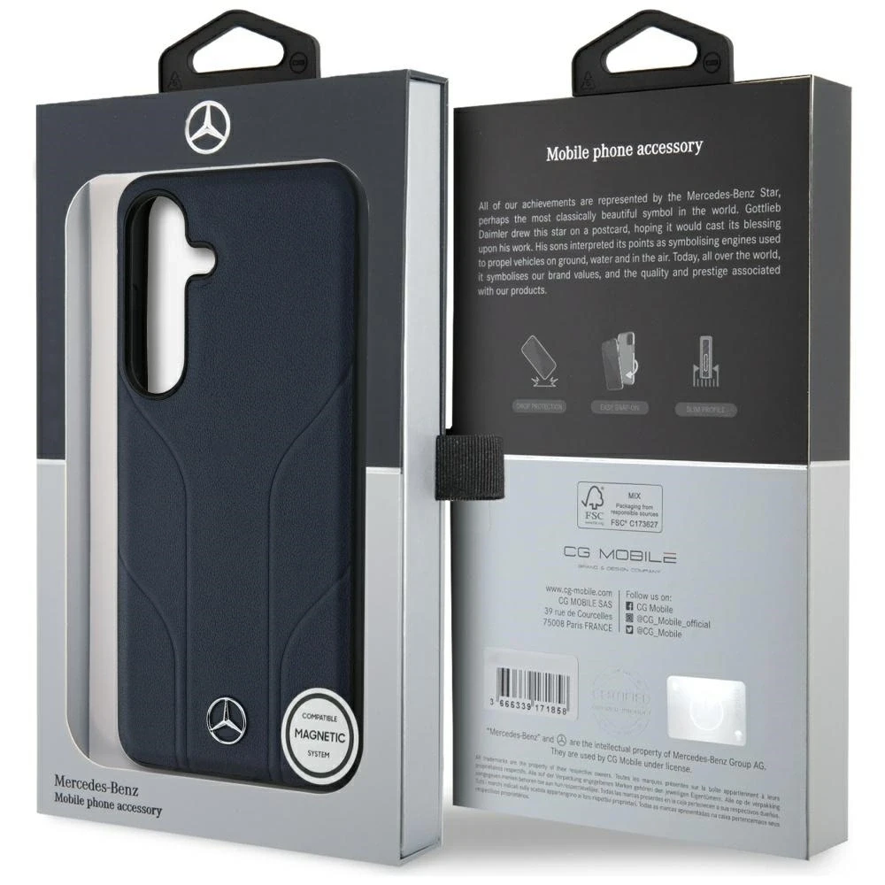 Mercedes Leather Debossed Lines MagSafe dėklas Samsung Galaxy S25 mėlynos spalvos
