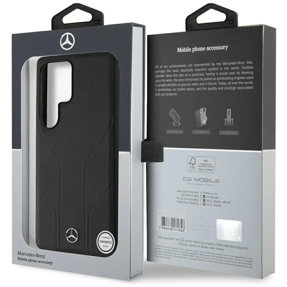 Mercedes Leather Debossed Lines MagSafe dėklas Samsung Galaxy S25 Ultra juodos spalvos