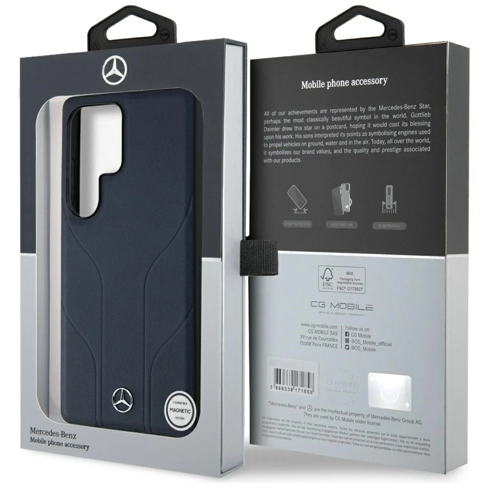 Mercedes Leather Debossed Lines MagSafe dėklas Samsung Galaxy S25 Ultra mėlynos spalvos