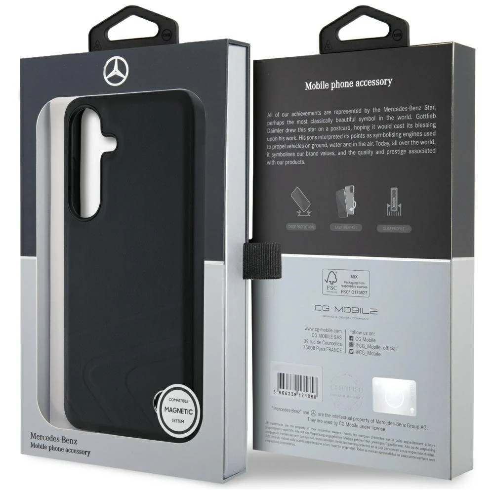 Mercedes Leather Horizontal Debossed Curves MagSafe dėklas Samsung Galaxy S25 juodos spalvos