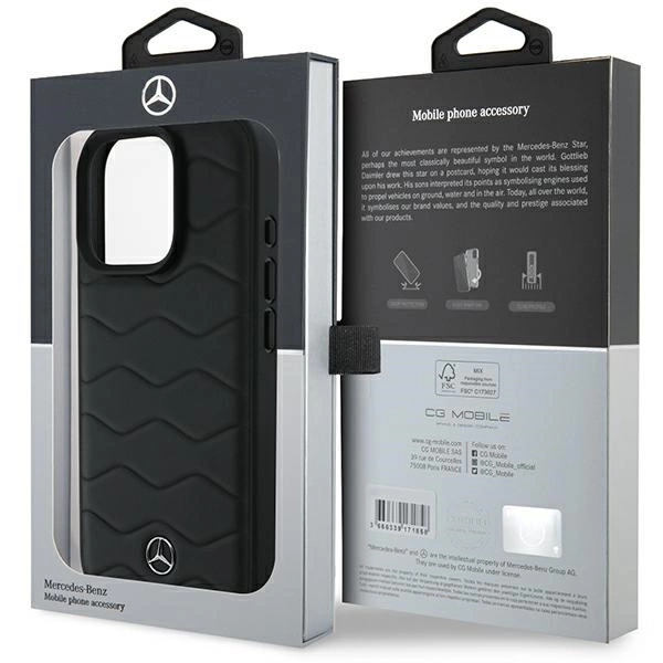 Mercedes MB Waves Leather Apple iPhone 16 Pro Case - dėklas telefonui juodos spalvos