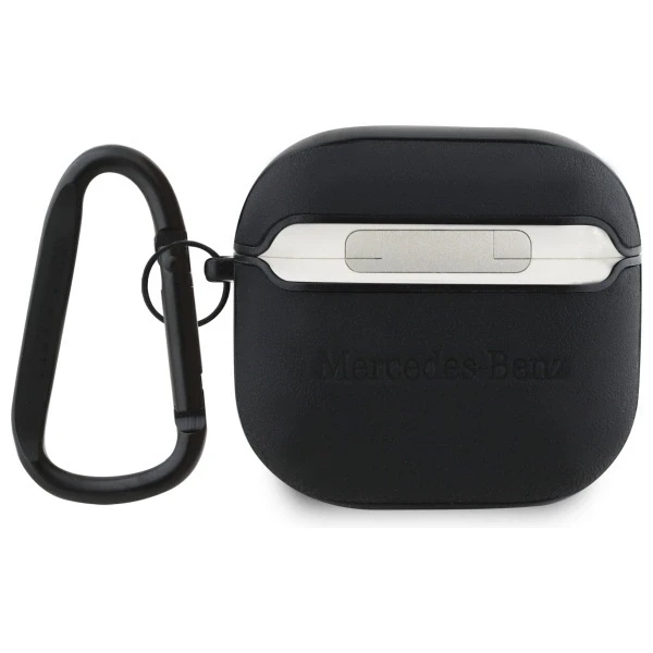 Mercedes MEA4CSLBK AirPods 4 dėklas, juodas, odinis su metaliniu logotipu