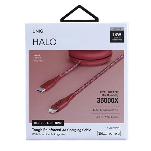 MFi Uniq Halo USB-C / Lightning 18W nailono suvyniotas laidas 1,2 m - raudonas