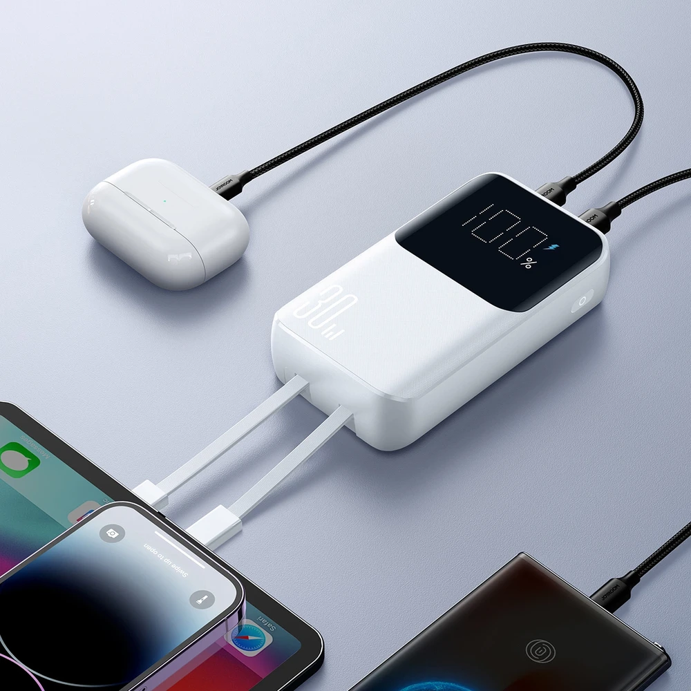 Mini power bank su integruotu kabeliss Joyroom JR-PBC06 30W 10000mAh – baltos spalvos