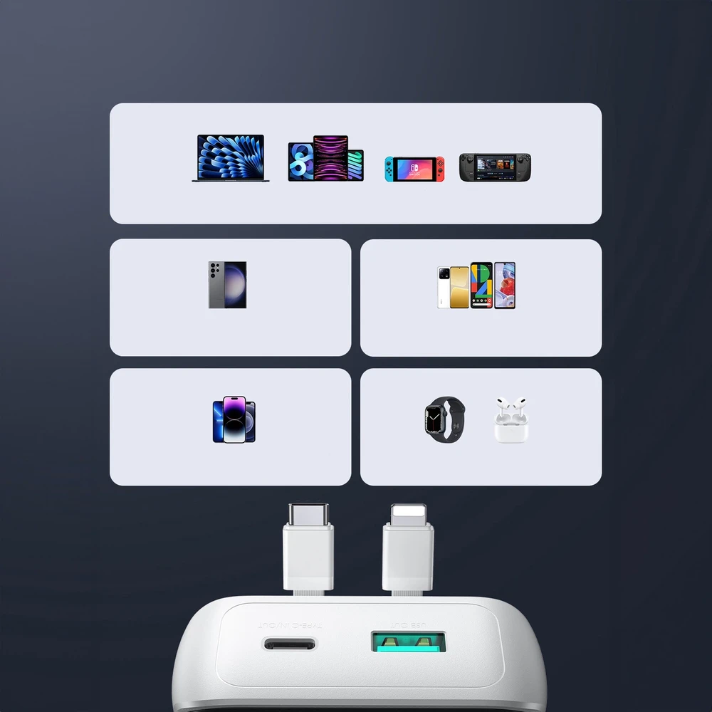 Mini power bank su integruotu kabeliss Joyroom JR-PBC06 30W 10000mAh – baltos spalvos