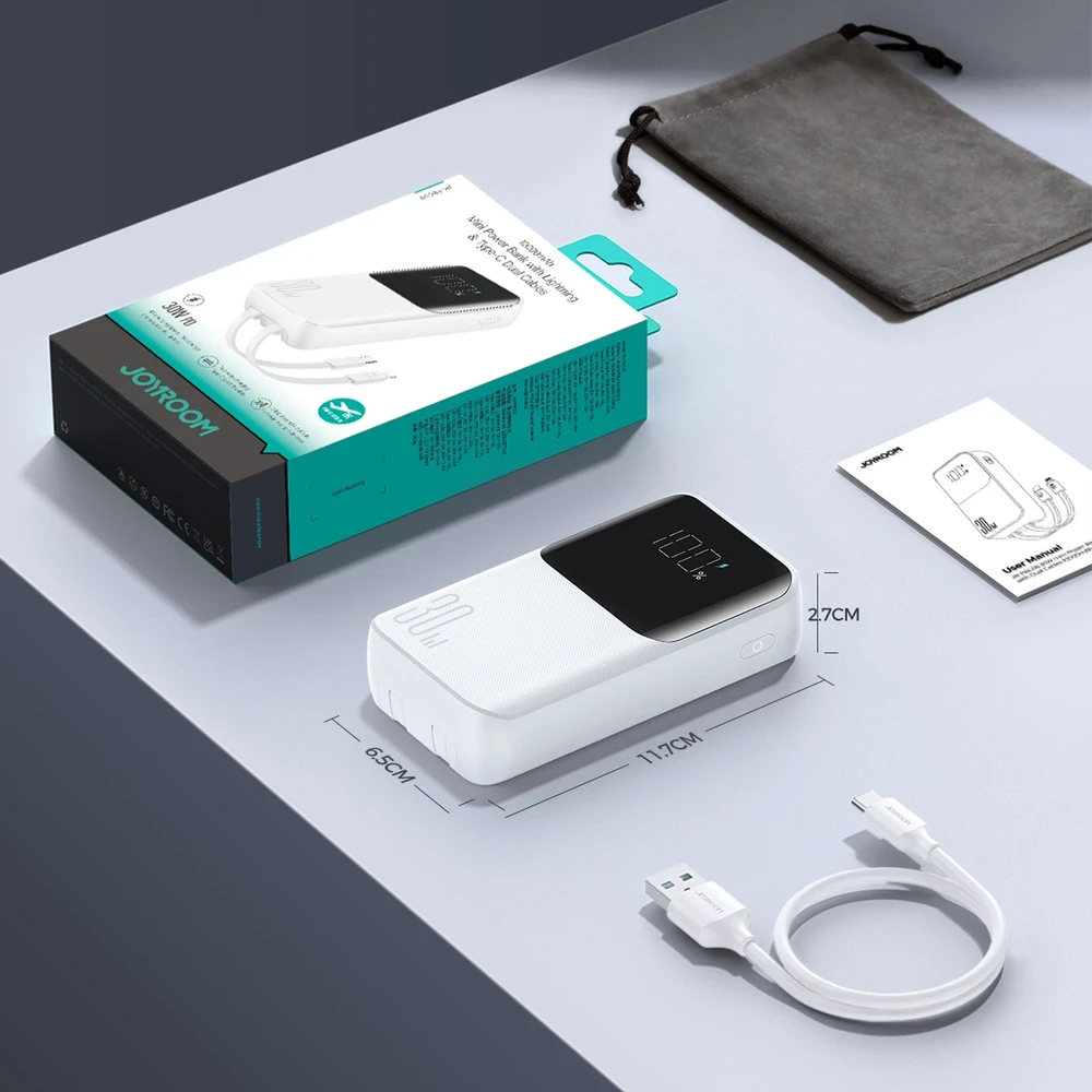 Mini power bank su integruotu kabeliss Joyroom JR-PBC06 30W 10000mAh – baltos spalvos