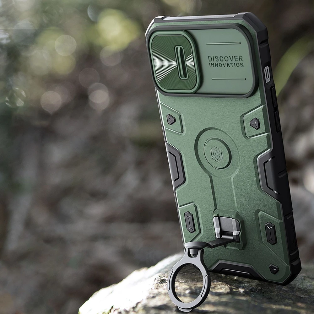 Nillkin CamShield Armor Pro Magnetic Apple iPhone 14 Plus MagSafe armored stand ring dėklas telefonui juodos spalvos