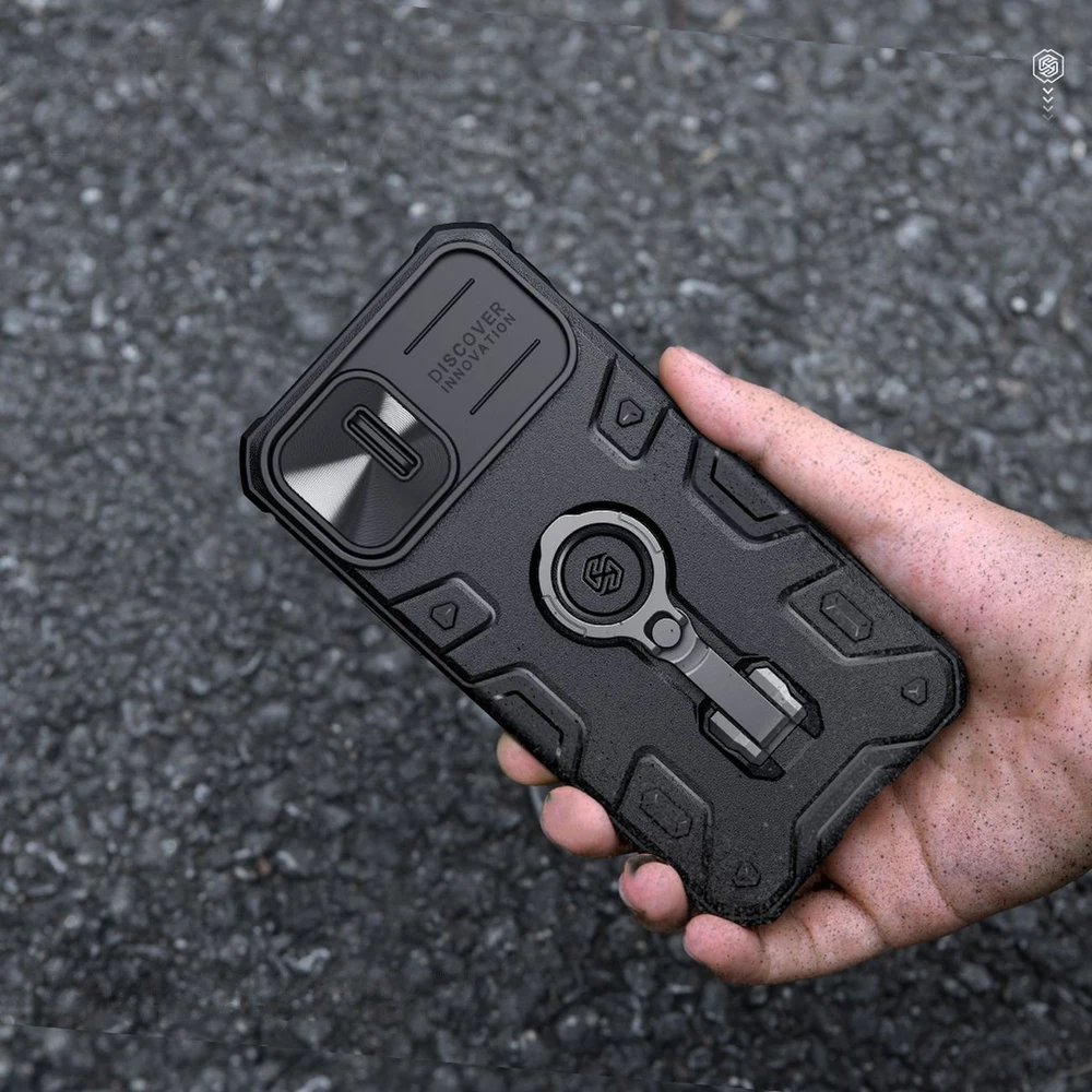 Nillkin CamShield Armor Pro Magnetic Apple iPhone 14 Plus MagSafe armored stand ring dėklas telefonui juodos spalvos