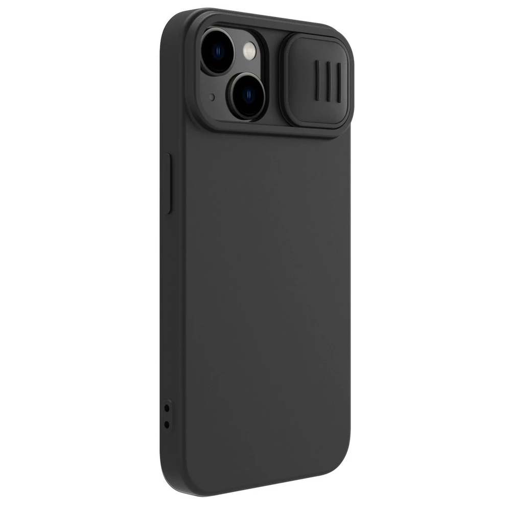 Nillkin CamShield Silky silikoninis iPhone 14 Plus dėklas telefonui su kameros apsauga, juodos spalvos