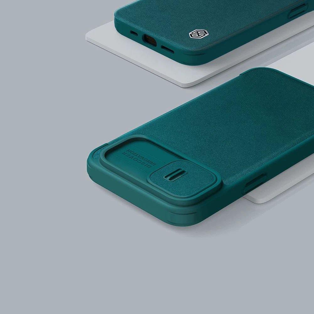 Nillkin Qin Cloth Pro Apple iPhone 14 Plus Camera atverčiamas dėklas telefonui pilkos spalvos