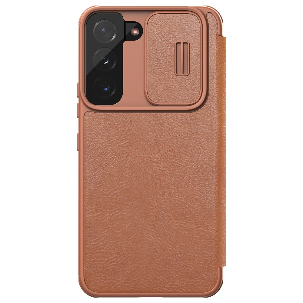 Nillkin Qin Leather Pro Samsung Galaxy S22+ (S22 Plus) Camera Protector Holster Cover Flip dėklas telefonui rudos spalvos