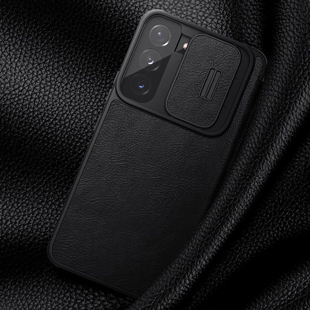 Nillkin Qin Leather Pro Samsung Galaxy S22+ (S22 Plus) Camera Protector Holster Cover Flip dėklas telefonui rudos spalvos