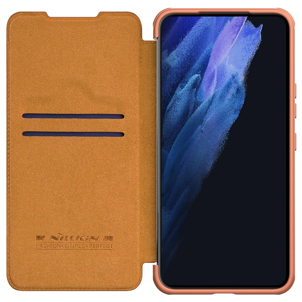 Nillkin Qin Leather Pro Samsung Galaxy S22+ (S22 Plus) Camera Protector Holster Cover Flip dėklas telefonui rudos spalvos