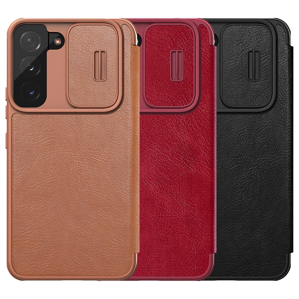 Nillkin Qin Leather Pro Samsung Galaxy S22+ (S22 Plus) Camera Protector Holster Cover Flip dėklas telefonui rudos spalvos