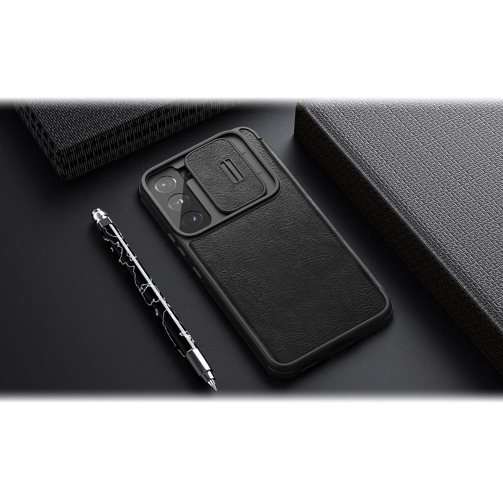 Nillkin Qin Leather Pro Samsung Galaxy S22+ (S22 Plus) Camera Protector Holster Cover Flip dėklas telefonui rudos spalvos