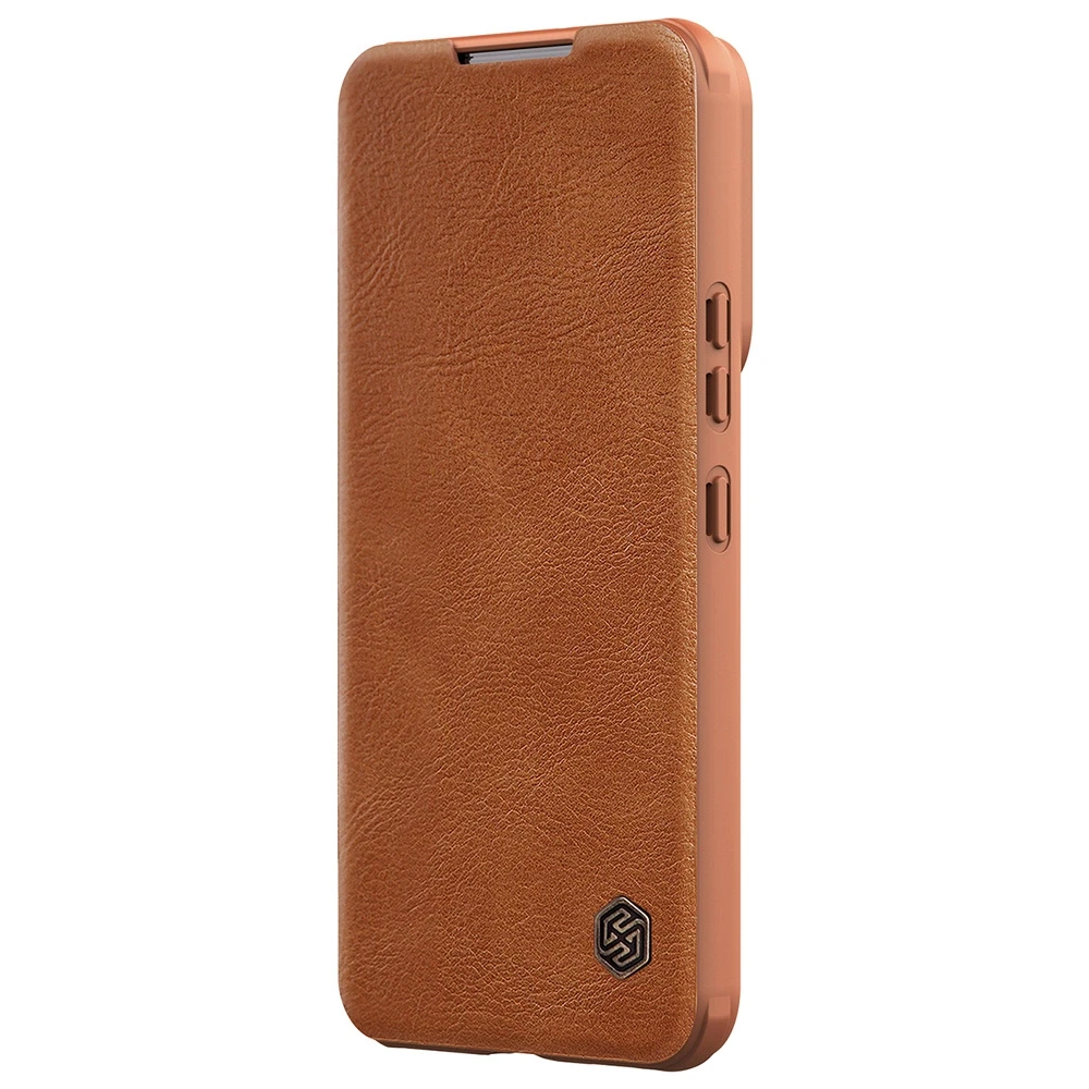 Nillkin Qin Leather Pro Samsung Galaxy S22+ (S22 Plus) Camera Protector Holster Cover Flip dėklas telefonui rudos spalvos