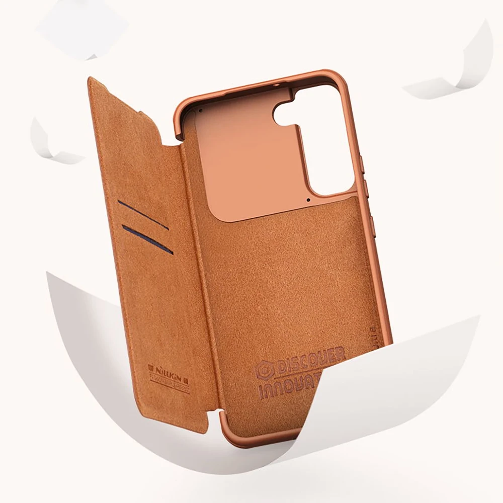 Nillkin Qin Leather Pro Samsung Galaxy S22+ (S22 Plus) Camera Protector Holster Cover Flip dėklas telefonui rudos spalvos