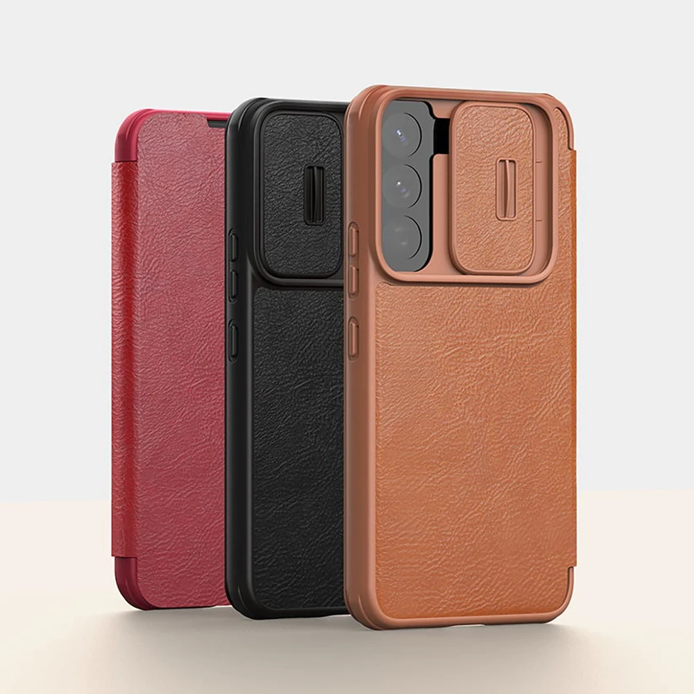 Nillkin Qin Leather Pro Samsung Galaxy S22+ (S22 Plus) Camera Protector Holster Cover Flip dėklas telefonui rudos spalvos