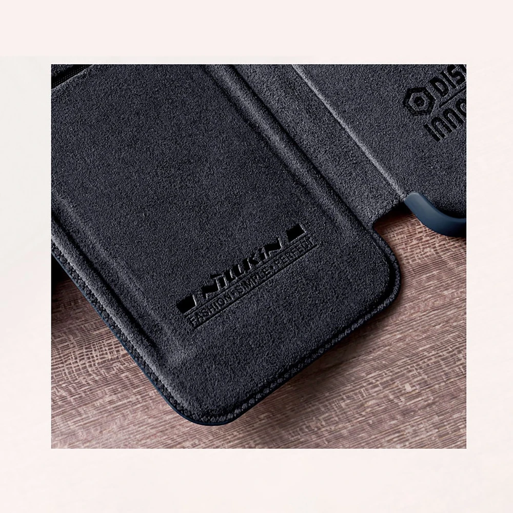 Nillkin Qin Leather Pro Samsung Galaxy S22+ (S22 Plus) Camera Protector Holster Cover Flip dėklas telefonui rudos spalvos