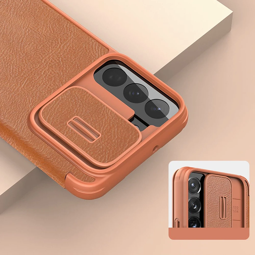 Nillkin Qin Leather Pro Samsung Galaxy S22+ (S22 Plus) Camera Protector Holster Cover Flip dėklas telefonui rudos spalvos