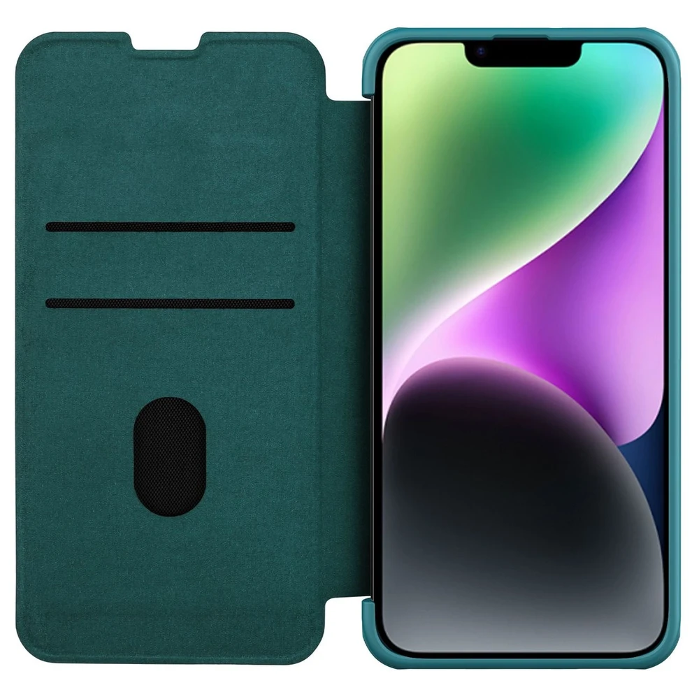 Nillkin Qin Leather Pro Apple iPhone 14 Plus Camera atverčiamas dėklas telefonui žalios spalvos