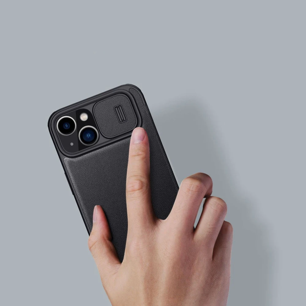 Nillkin Qin Leather Pro Apple iPhone 14 Plus Camera atverčiamas dėklas telefonui žalios spalvos
