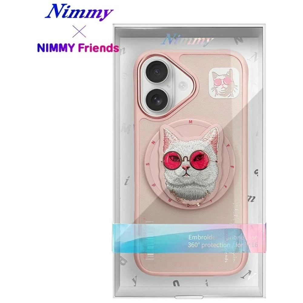 Dėklas Nimmy Glasses Cool Cat MagSafe Apple iPhone 16 rožinės spalvos