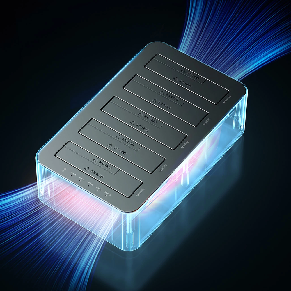 „Orico 6656C3-C“ 5 lizdų prijungimo stotelė su neprisijungusio klonavimo funkcija, 2,5 colio / 3,5 colio SATA HDD / SSD, pilka