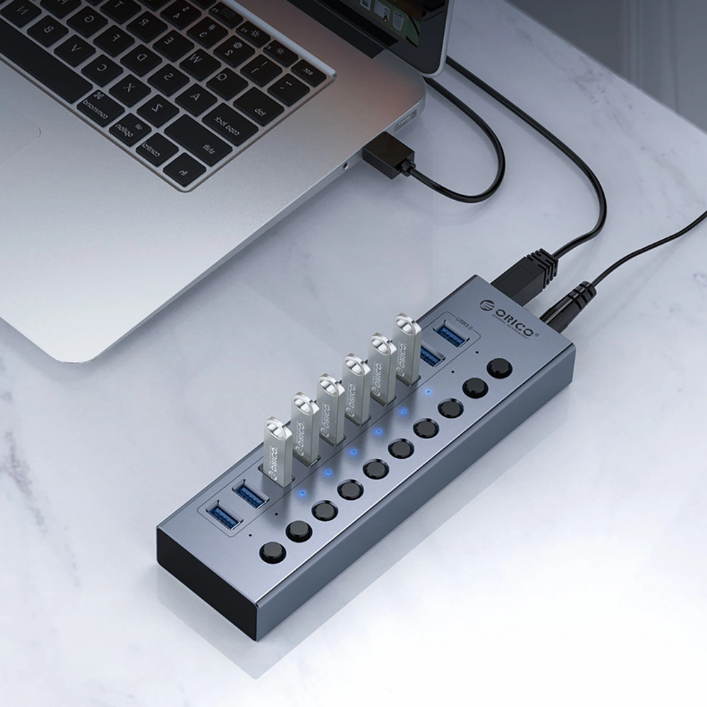 „Orico BT2U3-16AB“ šakotuvas, 16x USB-A 3.0, su jungikliais – pilkos spalvos