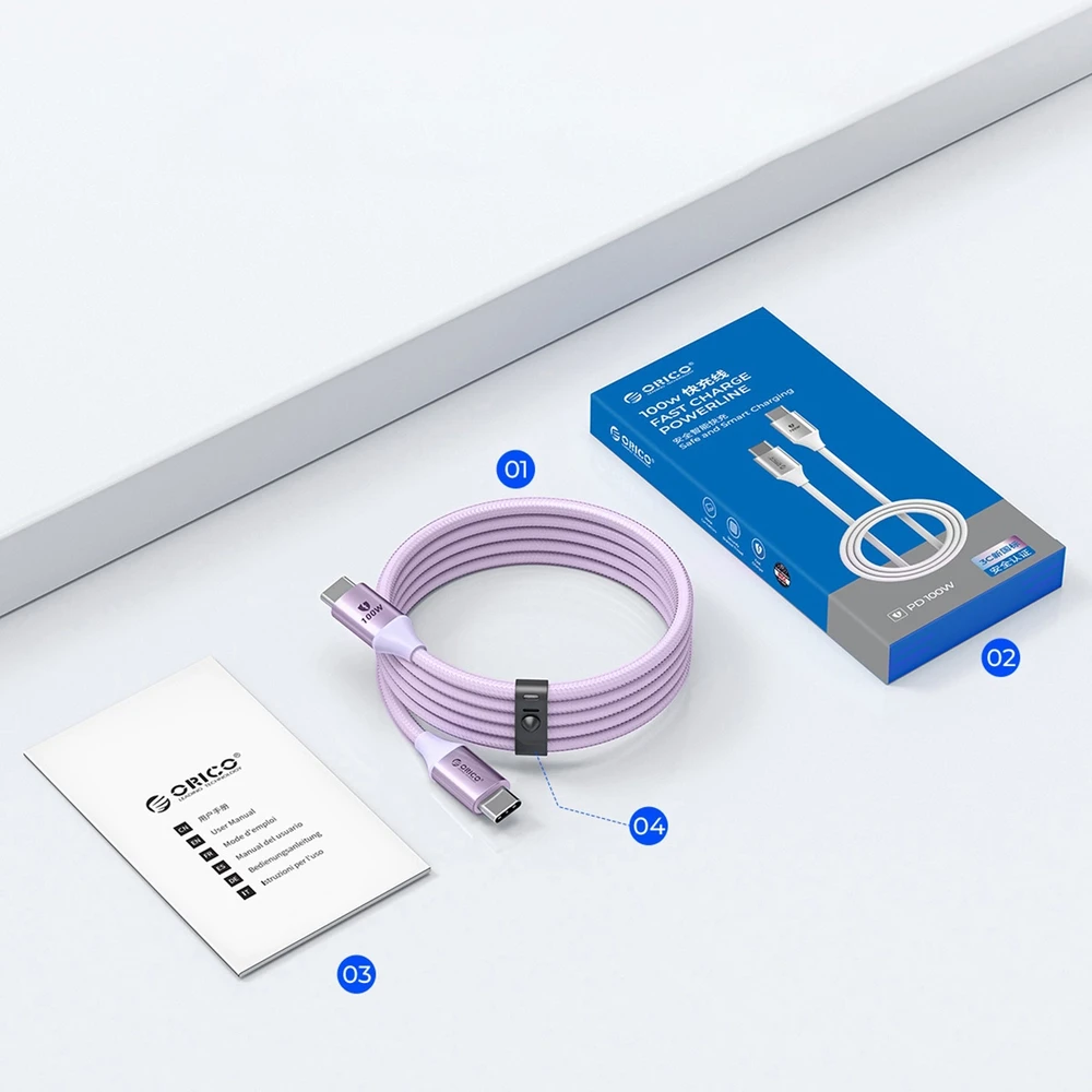 Kabelis Orico CDX 100W 5A Power Delivery USB-C – USB-C 1m – violetinės spalvos