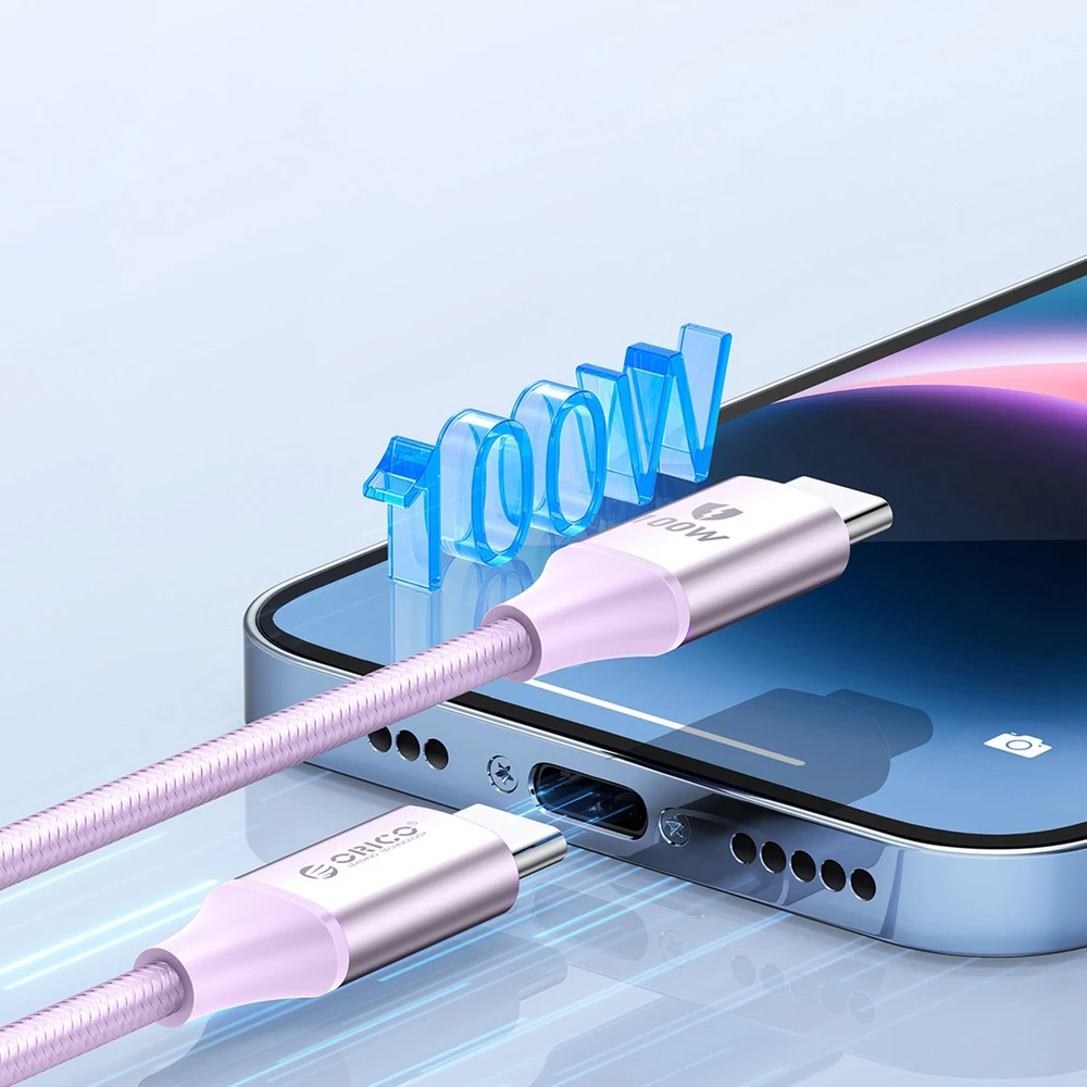 Kabelis Orico CDX 100W 5A Power Delivery USB-C – USB-C 1m – violetinės spalvos
