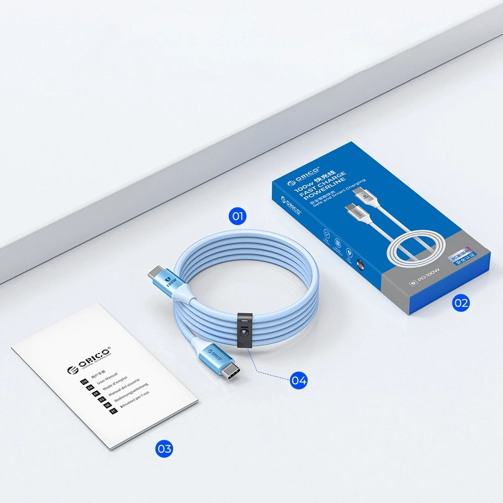 Orico CDX 100W 5A Power Delivery USB-C – USB-C kabelis 1m – mėlynos spalvos