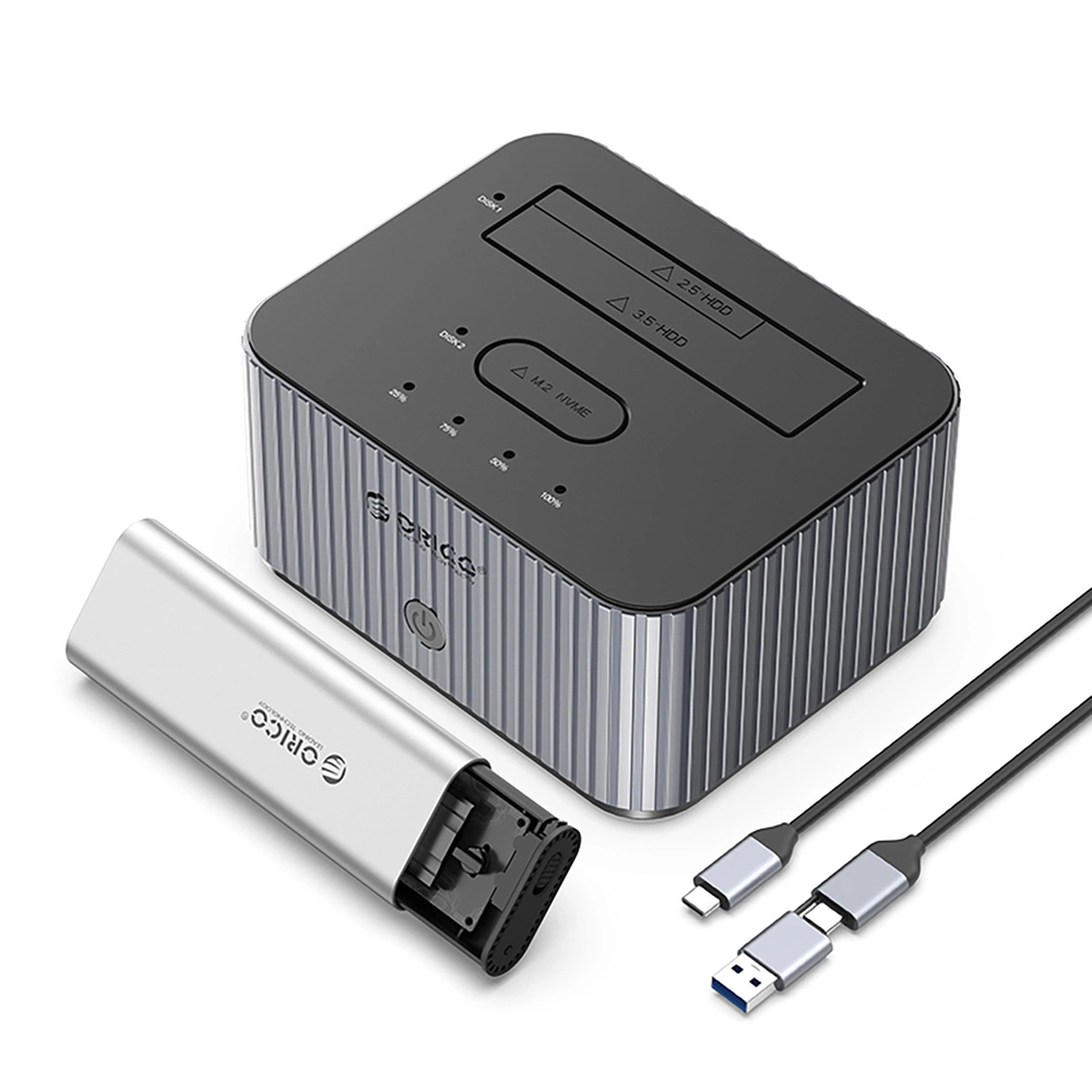 „Orico IT28E-C“ 2 diskų prijungimo stotelė su M.2 NVME 2,5 colio / 3,5 colio HDD / 2,5 colio SSD klonavimo funkcija – pilkos spalvos