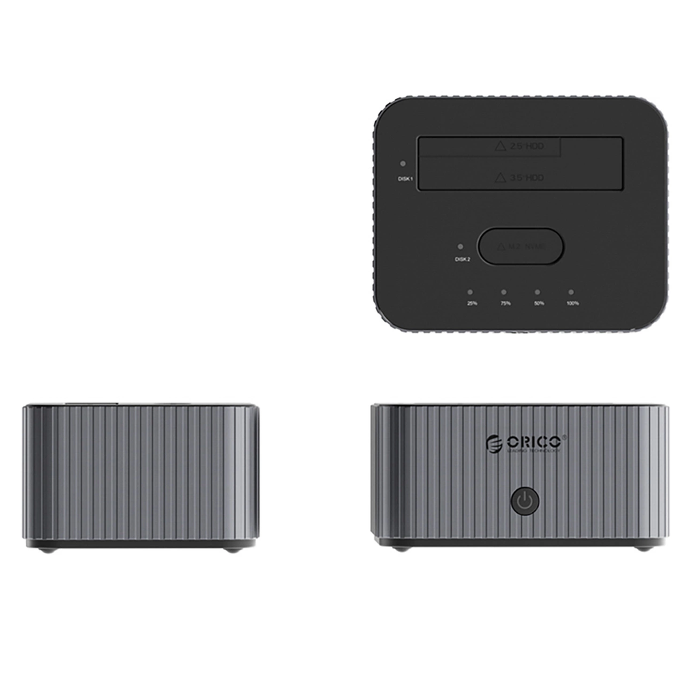 „Orico IT28E-C“ 2 diskų prijungimo stotelė su M.2 NVME 2,5 colio / 3,5 colio HDD / 2,5 colio SSD klonavimo funkcija – pilkos spalvos