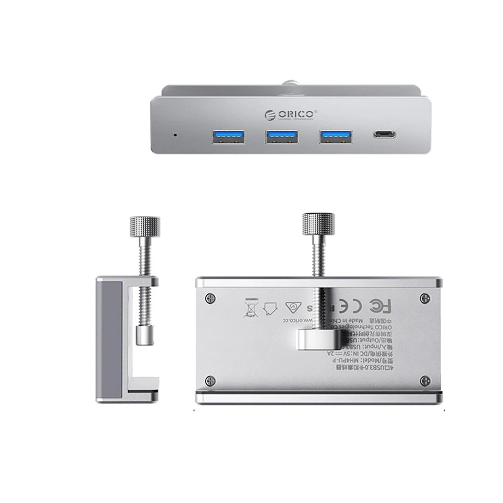 „Orico MH4PC“ šakotuvas, montuojamas ant spaustuko, USB-C / 3x USB-A 3.0 + 1x USB-C 3.0 – dvigubos spalvos