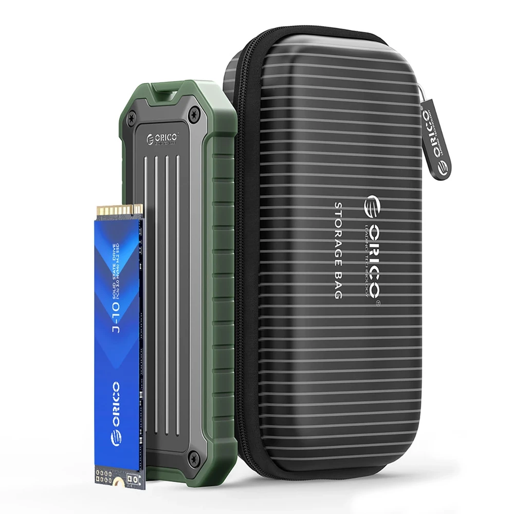 Disko dėžutė Orico OTPX-G2 M.2 NVMe/SATA SSD USB-C 3.2 – pilkos ir žalios spalvos